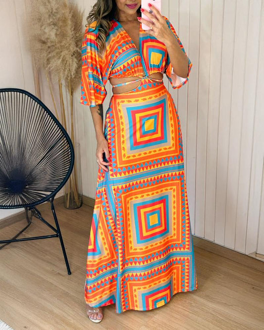 Geometric Print Waist Hollow Out Boho Maxi Dress Casual Half Sleeve Tied Detail Vacation Dress