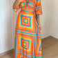 Geometric Print Waist Hollow Out Boho Maxi Dress Casual Half Sleeve Tied Detail Vacation Dress