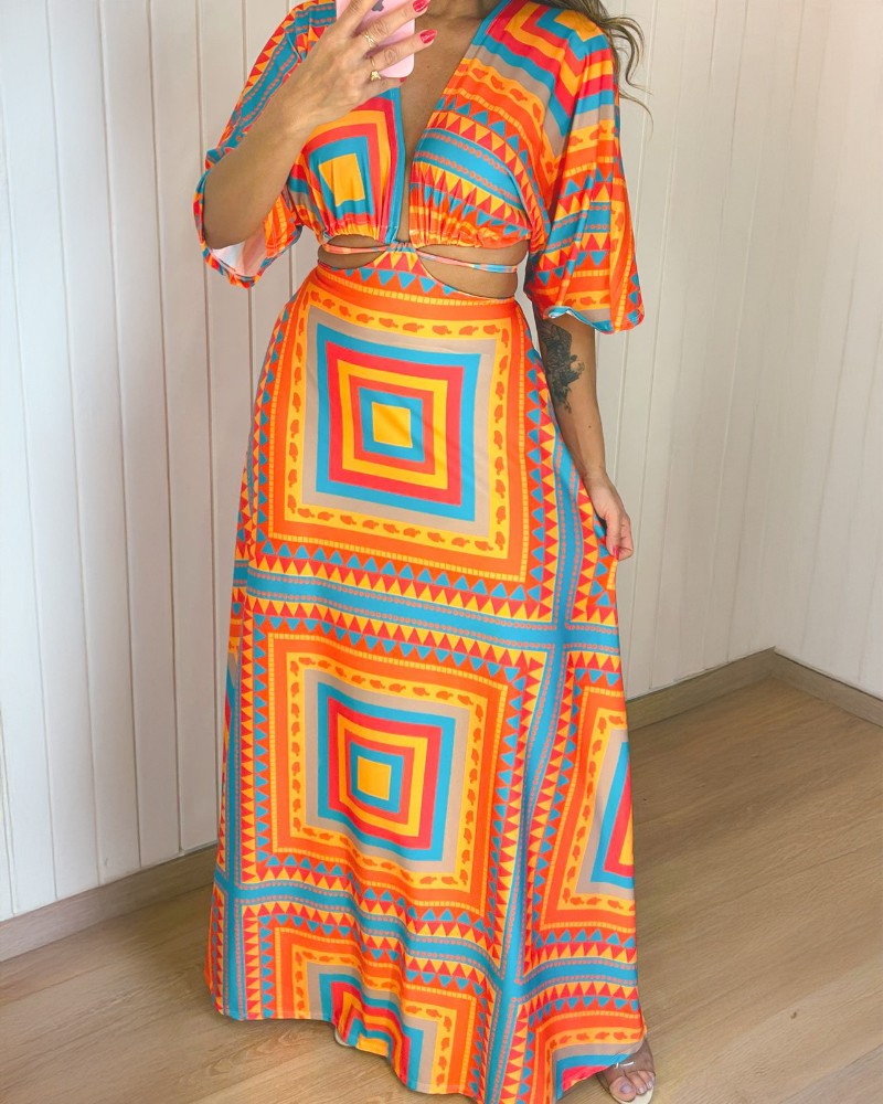Geometric Print Waist Hollow Out Boho Maxi Dress Casual Half Sleeve Tied Detail Vacation Dress