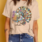 Khaki Heat Transfer Printing Thanksgiving Turkey Print Round Neck T Shirt