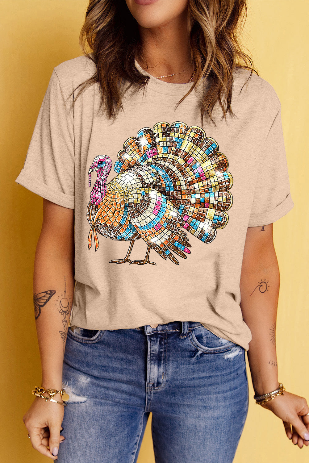 Khaki Heat Transfer Printing Thanksgiving Turkey Print Round Neck T Shirt
