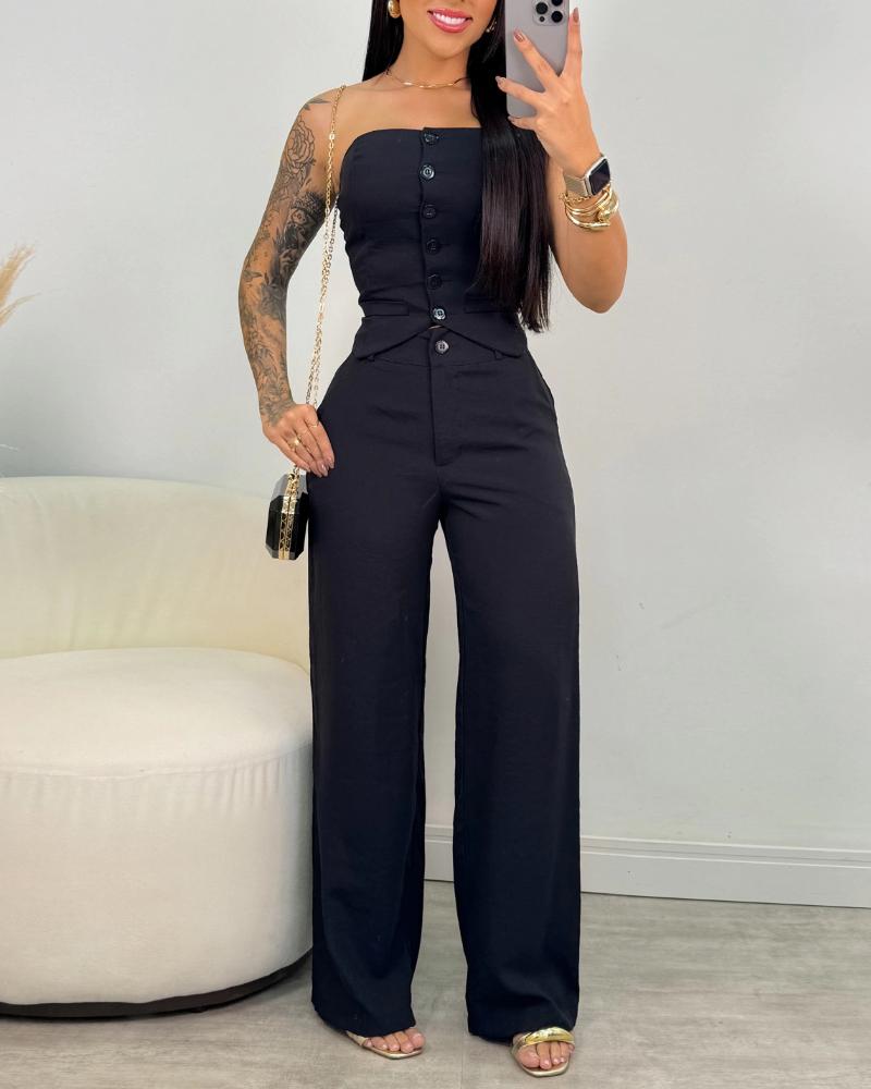 2 Pieces Outfit Bandeau Button Decor Vest Top and Casual Wide Leg Pants Set