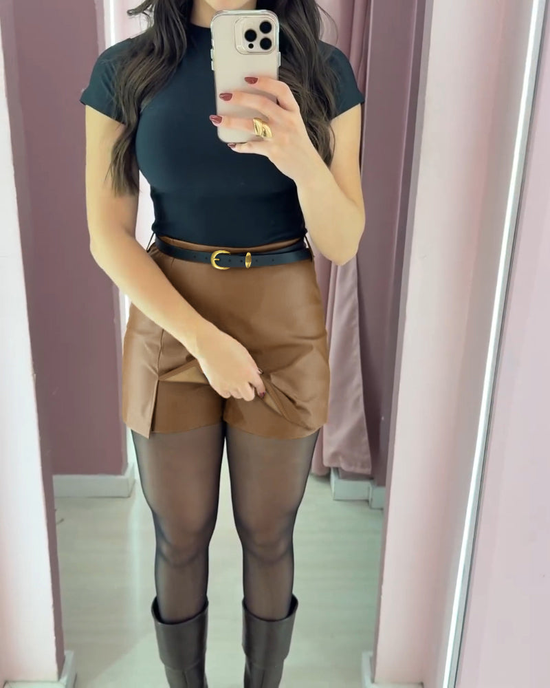 PU Casual A Line Skort with Belt