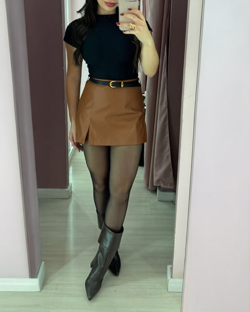 PU Casual A Line Skort with Belt