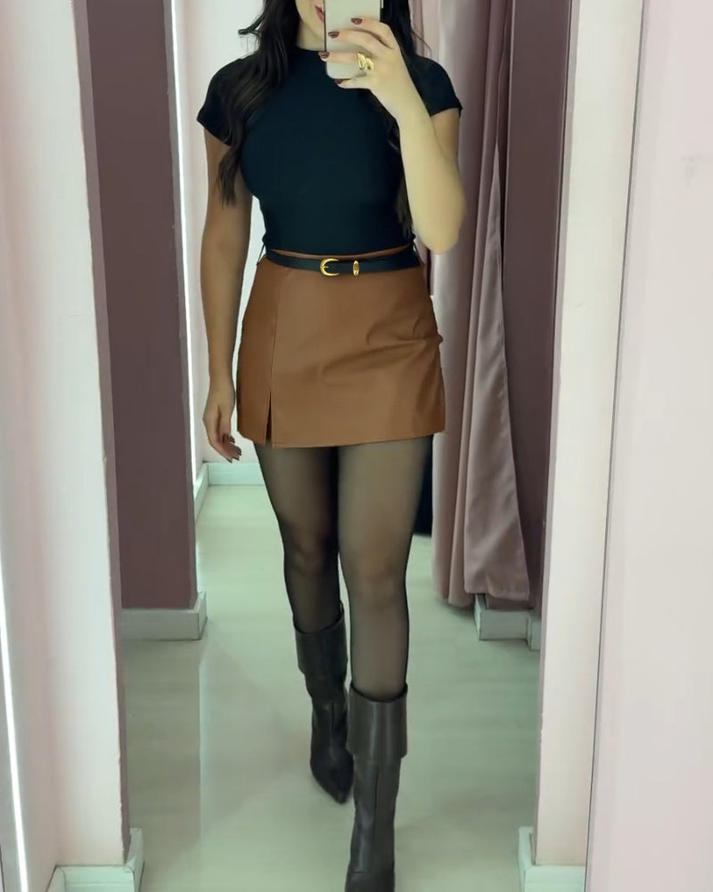 PU Casual A Line Skort with Belt