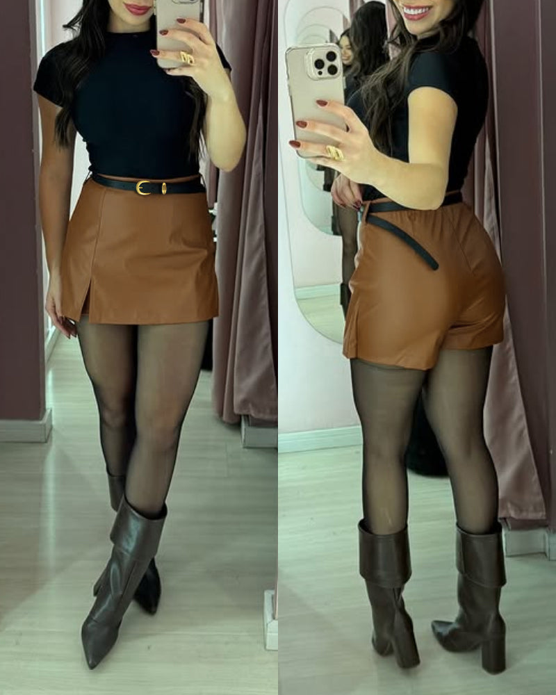 PU Casual A Line Skort with Belt