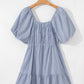 Sky Blue Stripe Bubble Sleeve Square Neck Ruched Pocketed Babydoll Dress