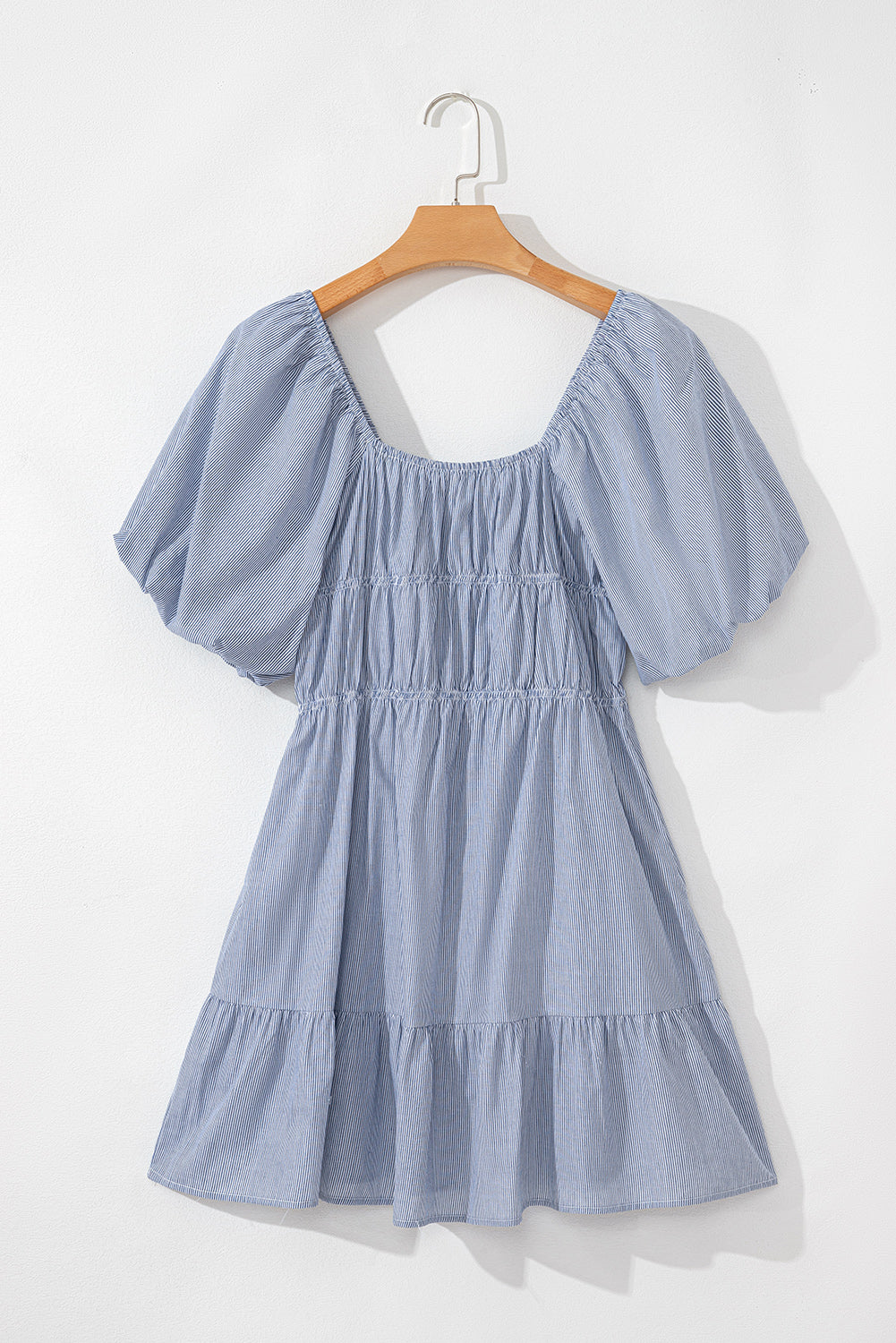 Sky Blue Stripe Bubble Sleeve Square Neck Ruched Pocketed Babydoll Dress