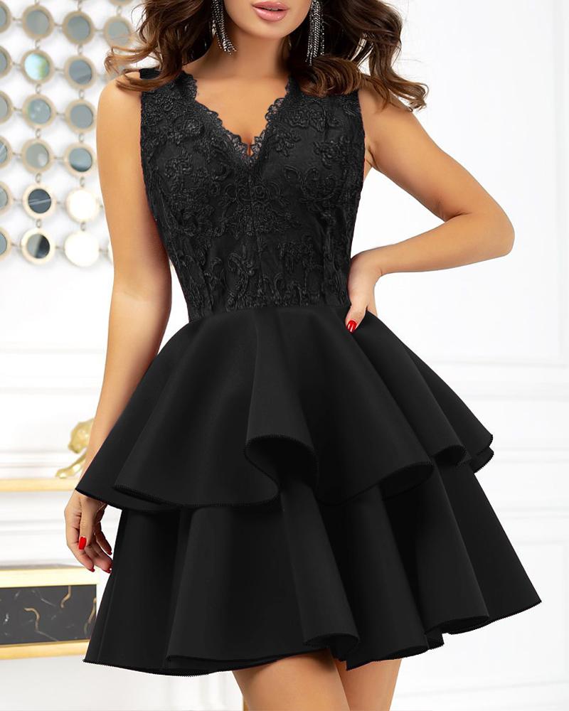 Lace V Neck Sleeveless Zipper Design Cinched Waist A Line Mini Dress Elegant Party Dress