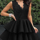 Lace V Neck Sleeveless Zipper Design Cinched Waist A Line Mini Dress Elegant Party Dress