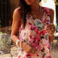 Pink Floral Round Neck Twisted Cut Out Back Tank Top
