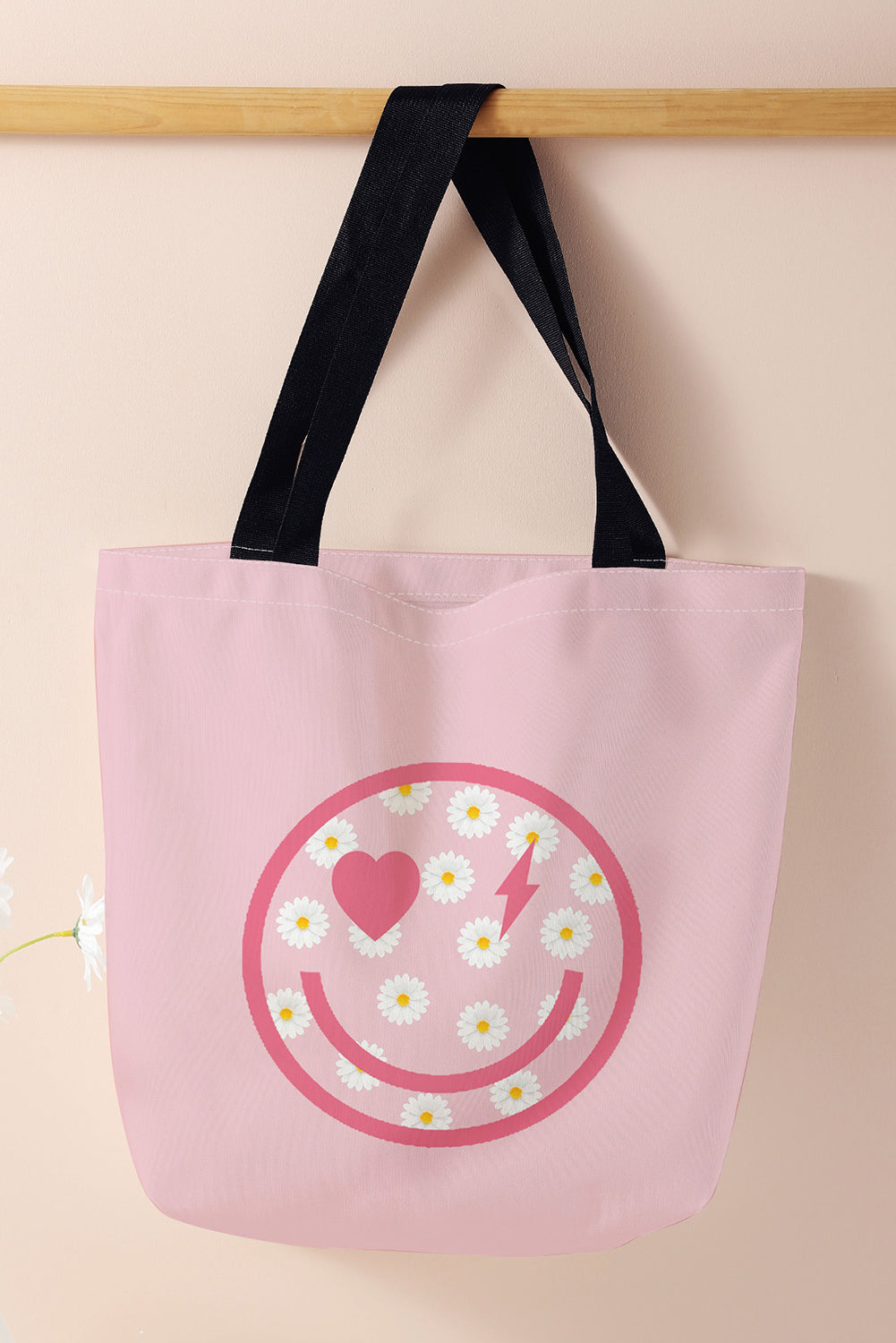 Pink Smiley Face Daisy Print Canvas Large Capacity Tote Bag