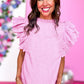 Bright Pink Solid Color Scalloped Ruffle Sleeve Top