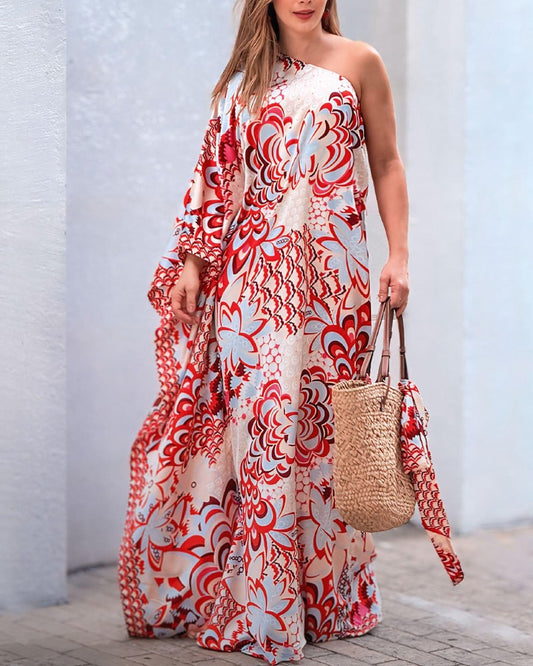Floral Print One Shoulder Long Sleeve Maxi Dress