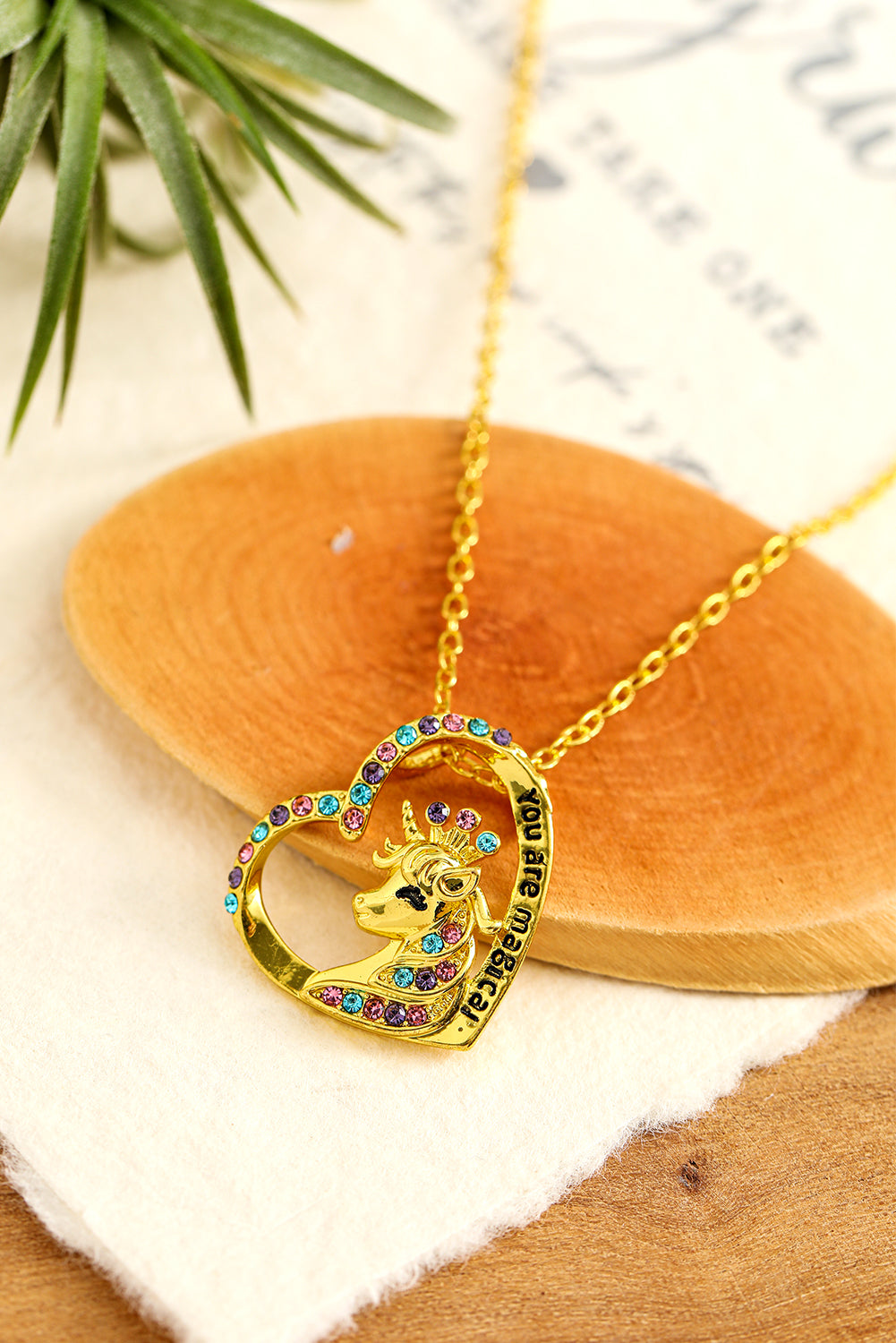 Gold Unicorn Hollow Out Heart Shape Rhinestone Pendant Necklace