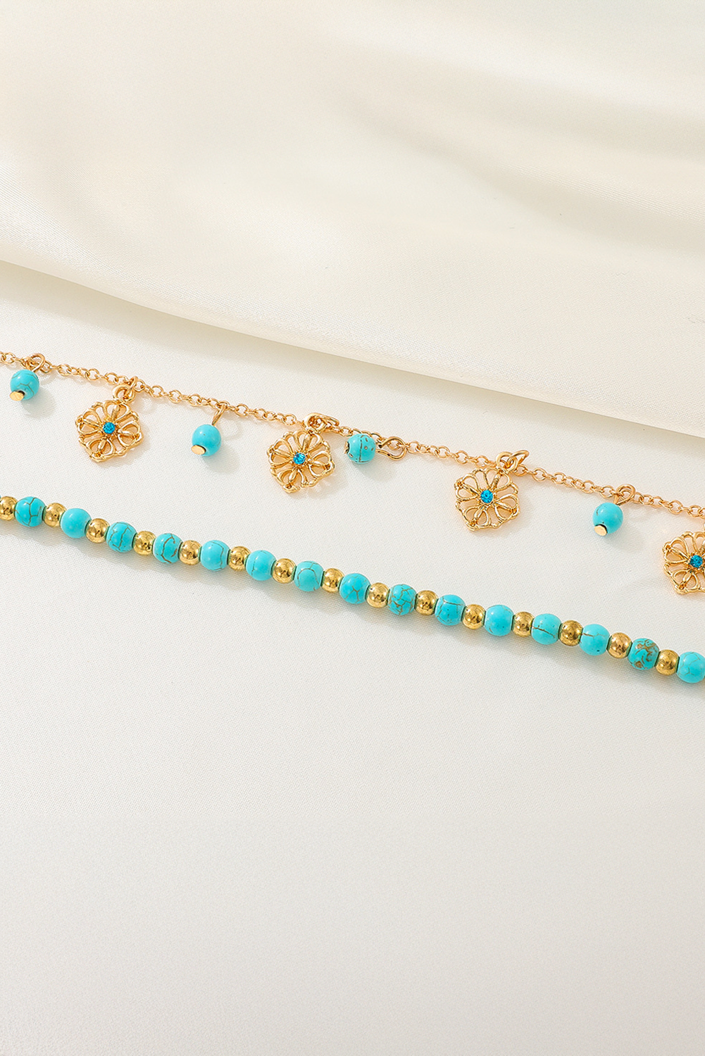 Gold Turquoise Beaded Flower Charm Layered Adjustable Anklet