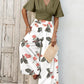 2 Pieces Outfit Plain V Neck Short Sleeve Ruched Top and Casual Floral Print Wide Leg Pants Set