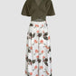 2 Pieces Outfit Plain V Neck Short Sleeve Ruched Top and Casual Floral Print Wide Leg Pants Set