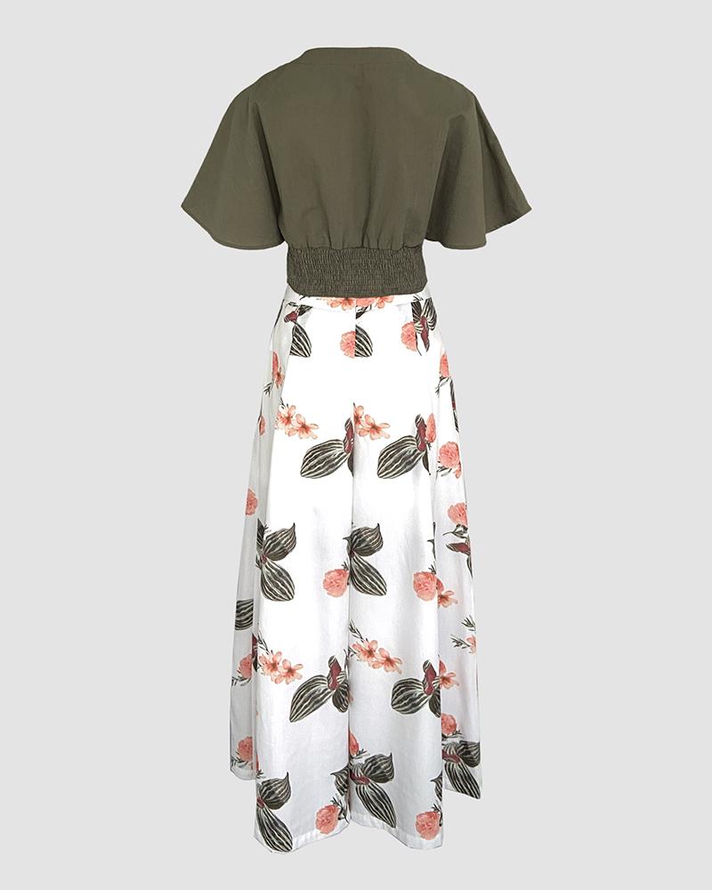 2 Pieces Outfit Plain V Neck Short Sleeve Ruched Top and Casual Floral Print Wide Leg Pants Set