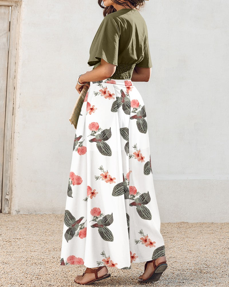 2 Pieces Outfit Plain V Neck Short Sleeve Ruched Top and Casual Floral Print Wide Leg Pants Set