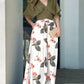 2 Pieces Outfit Plain V Neck Short Sleeve Ruched Top and Casual Floral Print Wide Leg Pants Set