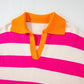 Rose Stripe Color Block Collared V Neck Drop Shoulder Sweater