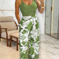 2 Piece Floral Print U Neck Spaghetti Strap Top High Waist Wide Leg Vacation Pants Set with Pocket