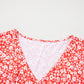 Red Plus Size Floral V Neck Flared Bracelet Sleeve Blouse