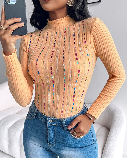 Pearls Decor Rhinestone Mock Neck Knit Top