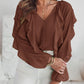 V Neck Shoulder Asymmetrical Ruffles Blouse Casual Button Front Long Sleeve Top