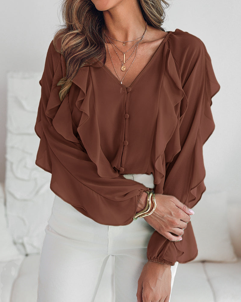 V Neck Shoulder Asymmetrical Ruffles Blouse Casual Button Front Long Sleeve Top