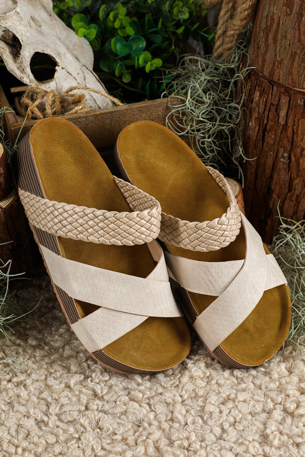 Beige Braided Detail Criss Cross Platform Slippers