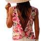 Pink Floral Round Neck Twisted Cut Out Back Tank Top