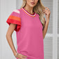 Bright Pink Contrast Flutter Sleeves Knitted Sweater T Shirt