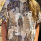Khaki Western Cowboy Print Cuffed Sleeve Crewneck T Shirt