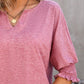 V Neck Half Lantern Sleeve Shirred  Blouse Casual Loose Fit Top