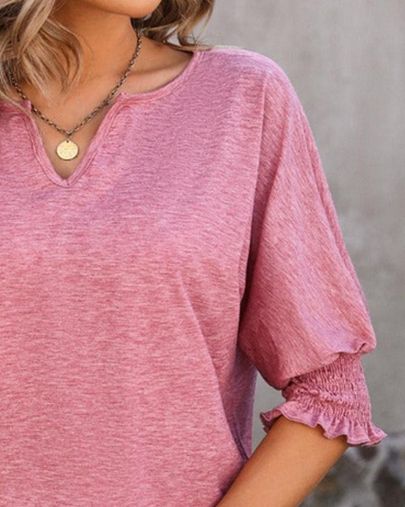 V Neck Half Lantern Sleeve Shirred  Blouse Casual Loose Fit Top
