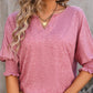 V Neck Half Lantern Sleeve Shirred  Blouse Casual Loose Fit Top