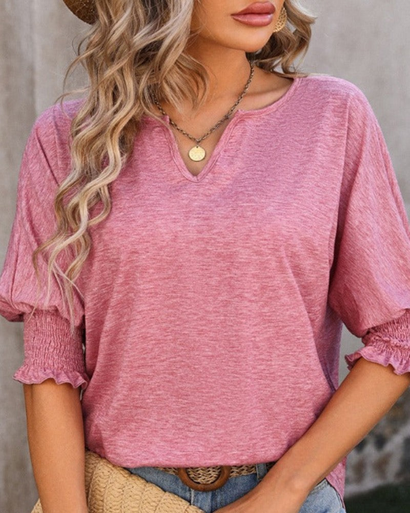 V Neck Half Lantern Sleeve Shirred  Blouse Casual Loose Fit Top