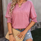 V Neck Half Lantern Sleeve Shirred  Blouse Casual Loose Fit Top