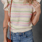 Oatmeal Colorful Striped Eyelet Knit Ruffled Sleeve Sweater T Shirt