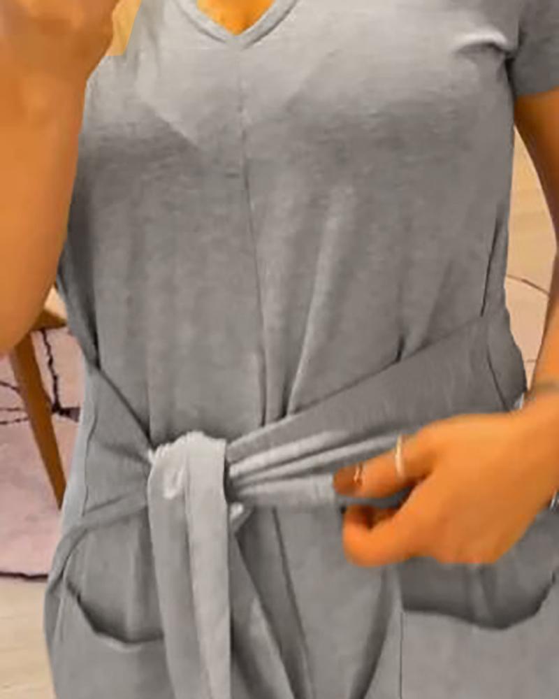 Short Sleeve Tied Detail Pocket Design Jumpsuit