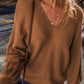 Camel Ribbed Knit Drop Sleeve V Neck Loose Fit Sweater