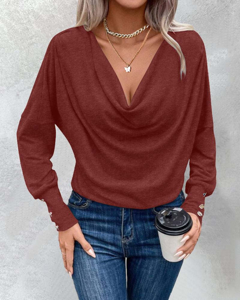 Cowl Neck Batwing Sleeve Ruched T Shirt Casual Slim Fit Top