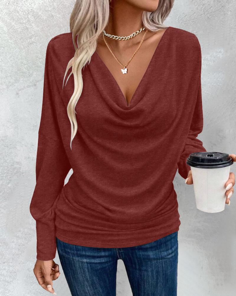 Cowl Neck Batwing Sleeve Ruched T Shirt Casual Slim Fit Top