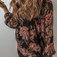 Black Floral Print Criss Cross V Neck Balloon Sleeve Blouse