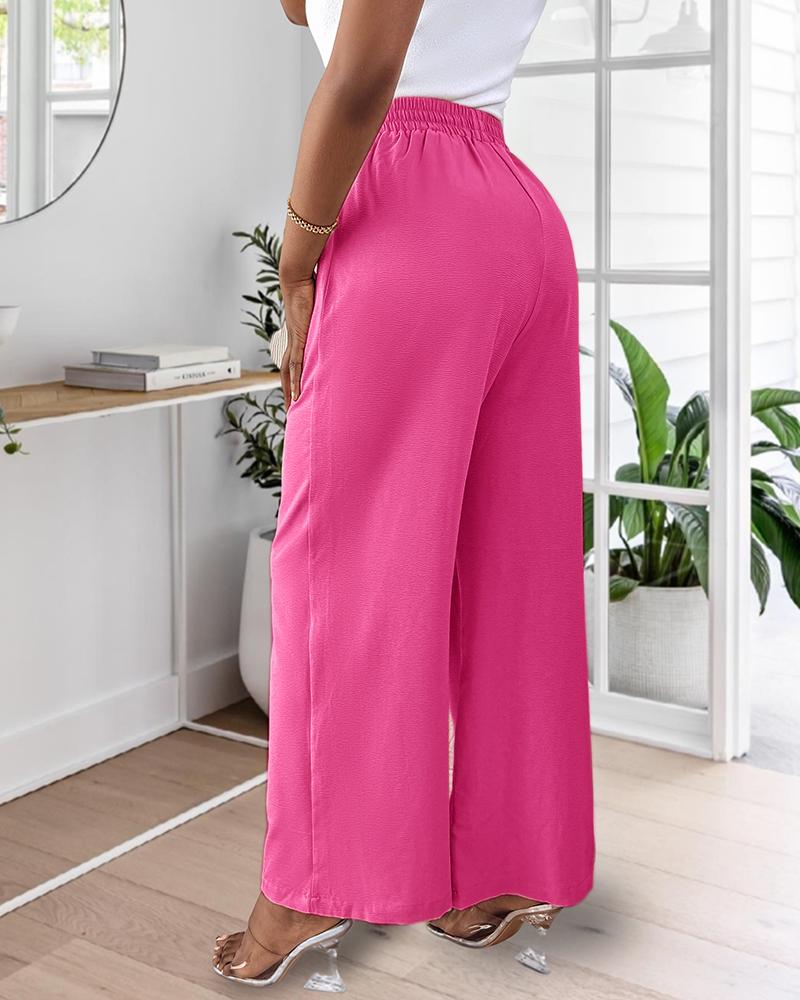 High Waist Drawstring Tied Detail Wide Leg Pants Casual Pants