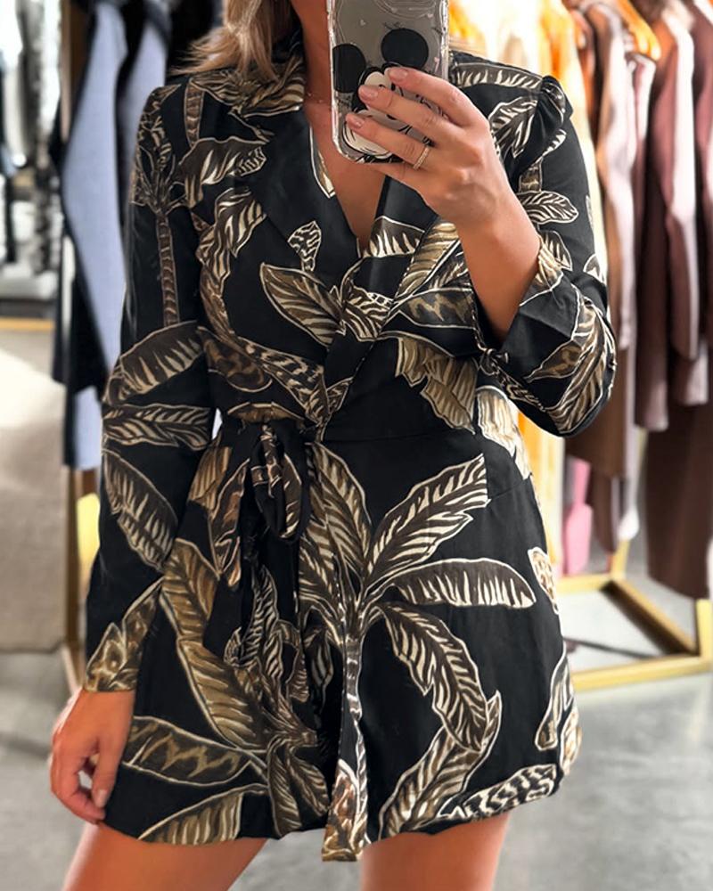 Tropical Print Notched Collar Long Sleeve Romper Casual Tied Detail Blazer Jumppsuit