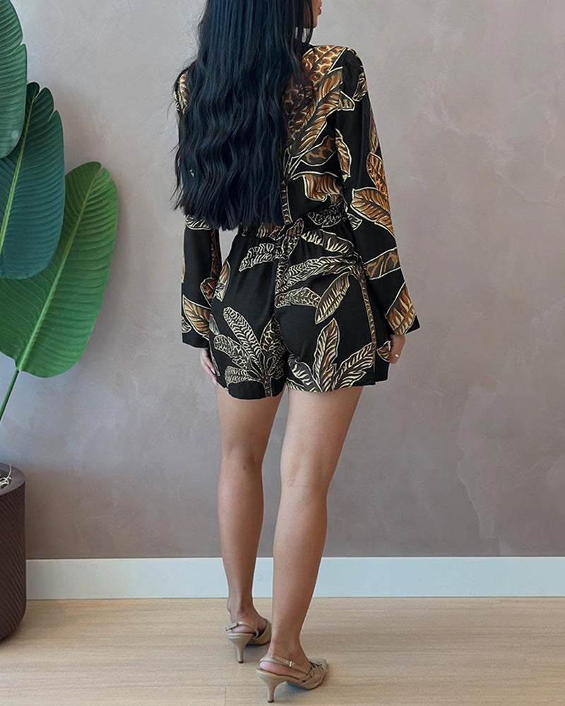 Tropical Print Notched Collar Long Sleeve Romper Casual Tied Detail Blazer Jumppsuit