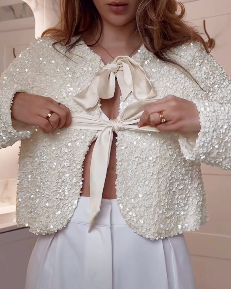 Sequin Open Front Long Sleeve Casual Tied Detail Cardigan